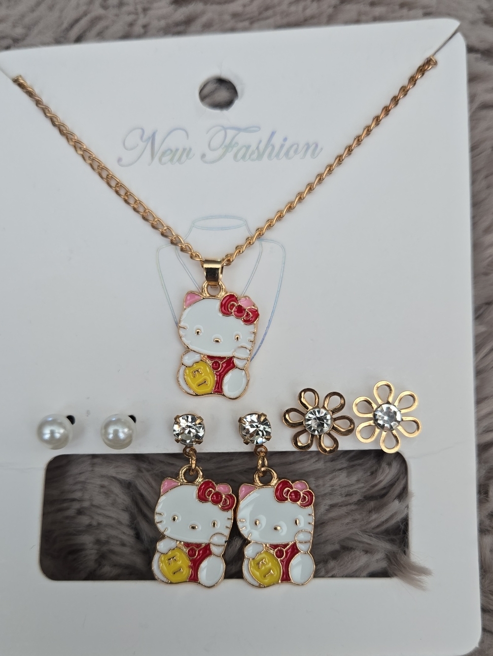 New Gold-Tone Necklace & Earring Set - White, Pink, Red, Yellow